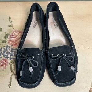 Michael Kors Black Suede Leather Loafers Silver MK Charms